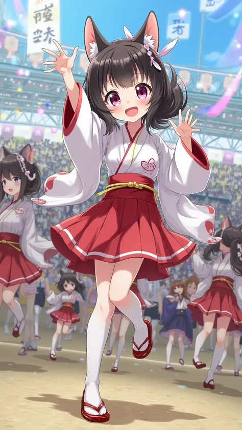 high-definition images、Neko Musume is the leader of the cheering team at the Honor Student Yankee、Academy Festival and swings around with a haori hakama。