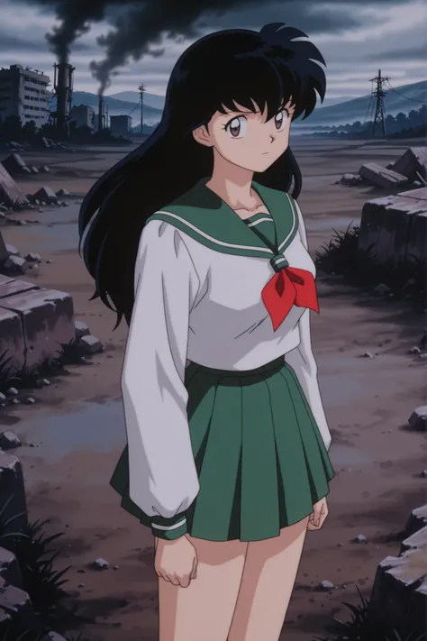 masterpiece,best quality,amazing quality, higurashikagome, masterpiece, best quality, amazing quality,, kagome higurashi, long hair, black hair, retro artstyle, brown eyes, anime screencap, skirt, shirt, long sleeves, school uniform, white shirt, pleated s...