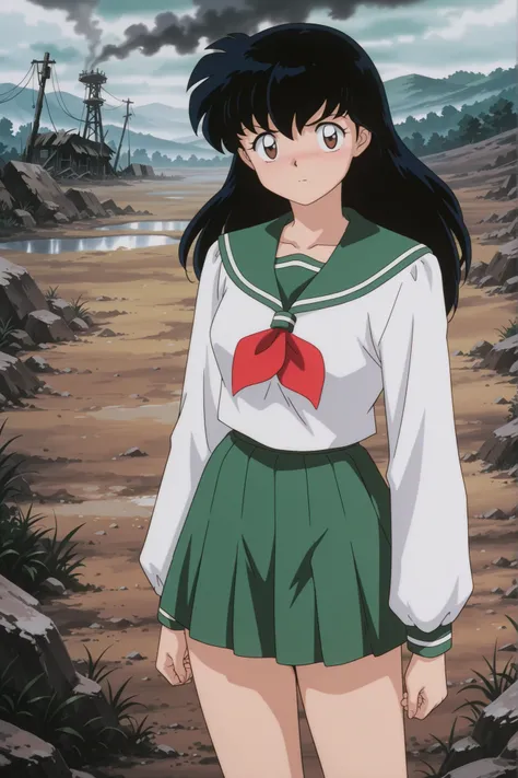 masterpiece,best quality,amazing quality, higurashikagome, masterpiece, best quality, amazing quality,, kagome higurashi, long hair, black hair, retro artstyle, brown eyes, anime screencap, skirt, shirt, long sleeves, school uniform, white shirt, pleated s...