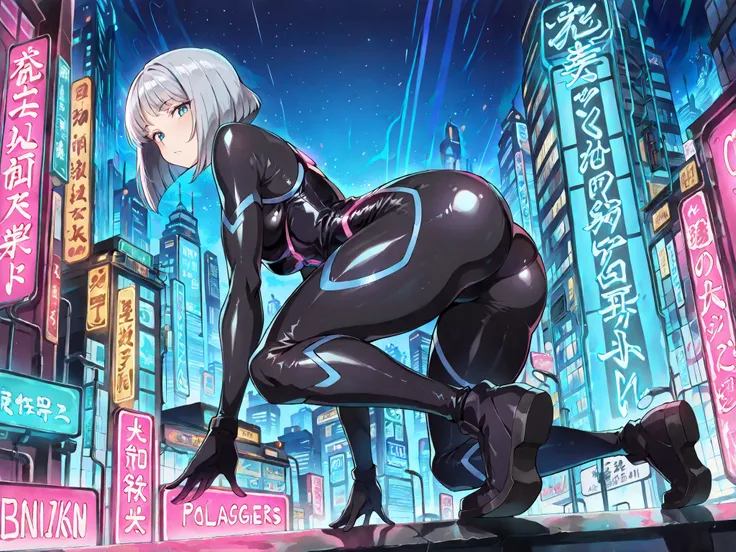(masterpiece, best quality, absurdres:1.2), 1girl, solo, A teenage anime ninja girl leaps forward with twin daggers, her short silver bob reflecting neon lights. She wears a tight black bodysuit with glowing blue seams. Behind her, a retrofuturistic skylin...