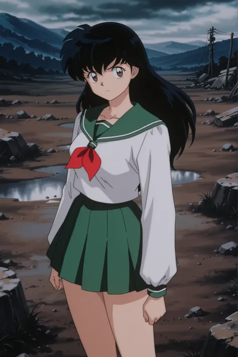 masterpiece,best quality,amazing quality, higurashikagome, masterpiece, best quality, amazing quality,, kagome higurashi, long hair, black hair, retro artstyle, brown eyes, anime screencap, skirt, shirt, long sleeves, school uniform, white shirt, pleated s...