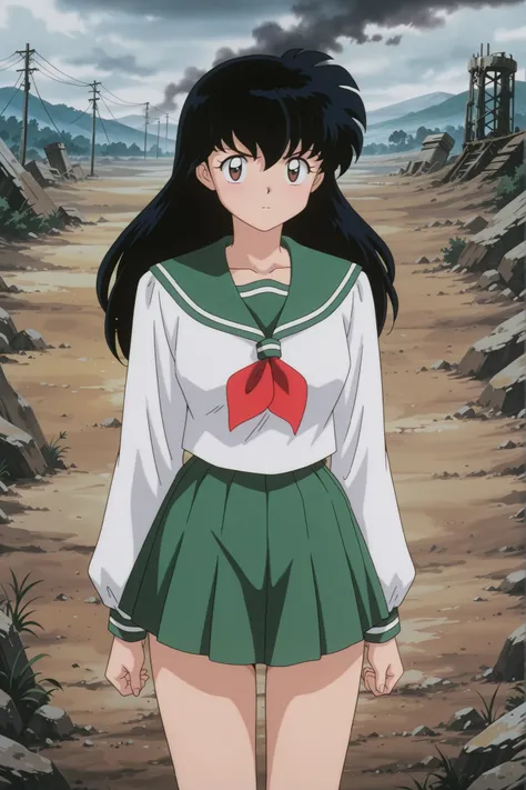 masterpiece,best quality,amazing quality, higurashikagome, masterpiece, best quality, amazing quality,, kagome higurashi, long hair, black hair, retro artstyle, brown eyes, anime screencap, skirt, shirt, long sleeves, school uniform, white shirt, pleated s...