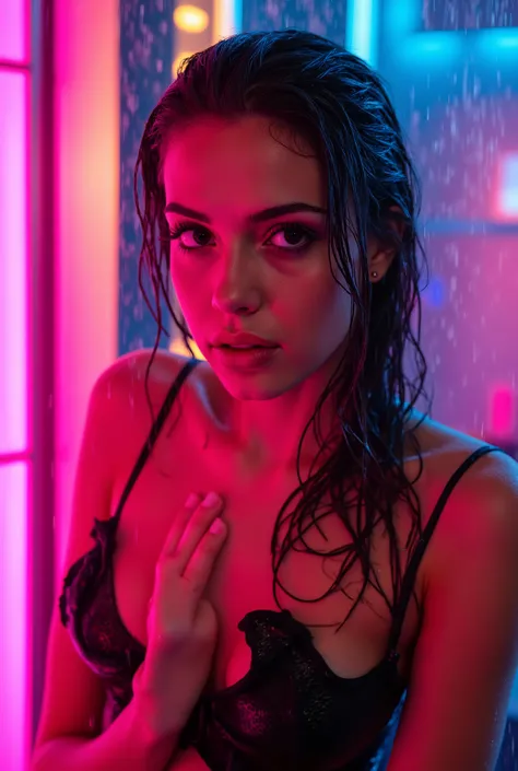 a woman in a colorful neon-lit fashion portrait, beautiful detailed eyes, beautiful detailed lips, long eyelashes, intricate hairstyle, vibrant neon colors, dramatic lighting, high fashion outfit, cinematic composition, photorealistic, 8K, hyper detailed, ...