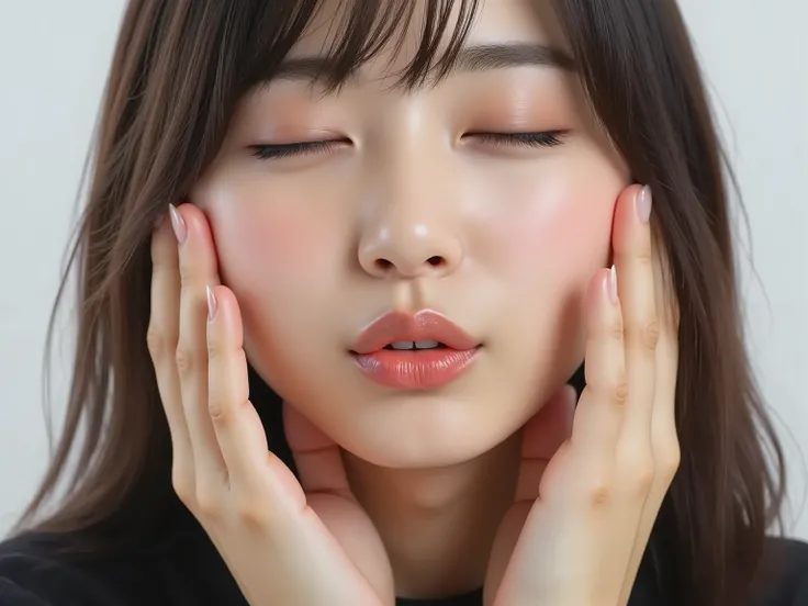 (Refined from an old photo, recreated in a modern, ultra high-quality photorealistic style, with a trendy Reiwa-era hairstyle: soft semi-long hair with natural waves and airy see-through bangs),
Ultra photorealistic close-up portrait of a beautiful Japan...