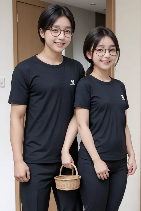 Smiling young Japanese,She is young々like,
no makeup,(Height: 145 cm:1.3),(small eyes:1.1),tareme,(small nose:1.3),short hair in a hand basket,low ponytail,Dark brown hair,( Curvy:1.2)、small breasts,(thick  thighs:1.1),Big Hips,mate with thick legged,black ...