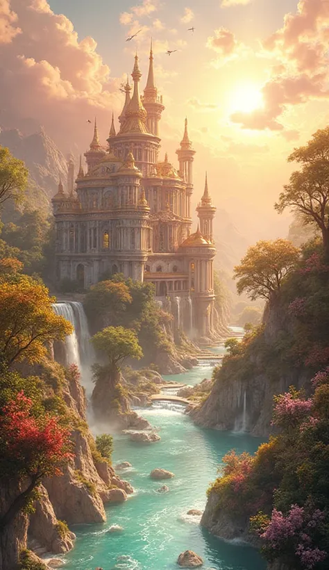 High quality, wonderful picture, excellent details, a majestic fairytale palace that stands out among the golden mountains, sparkling rivers of bright white milk and thick golden honey flow around it, singing gardens with imaginary multi-colored flowers, f...