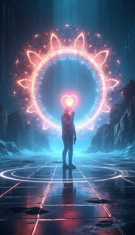 "A futuristic vertical 1.6:1 book cover, showing a massive glowing portal made of fractal energy, standing in the middle of an otherworldly digital landscape. At the center, a translucent human figure touches their chest where a neon heart emits pulsating ...