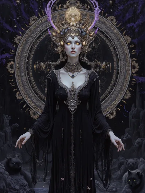 Masterpiece, extremely fluid expressionist style that flows vividly, a reverent surreal hyperreal painting of a stunningly beautiful goddess of elegant darkness and deep shadow, statuesque and sensationally beautiful as only living gods can be, wearing a d...