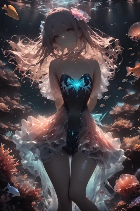 dynamic pose showing off graceful movements like ballet underwater, mermaid skin shines white like pearls、It has a slightly bluish tone、水中光が反射してmysterious輝きを放っている質感表現, long, flowing hair flutters gracefully underwater like seaweed,ocean ,be careful,magic,m...