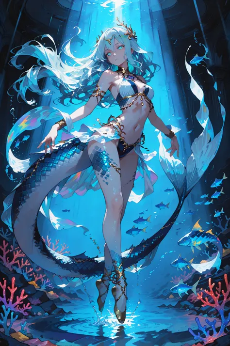 (masterpiece, best quality, anime style, ultra-detailed, cinematic lighting),
a graceful mermaid dancer with shimmering scales, flowing hair, and elegant tail,
performing a ballet dance underwater, surrounded by glowing fish and colorful coral,
light beams...