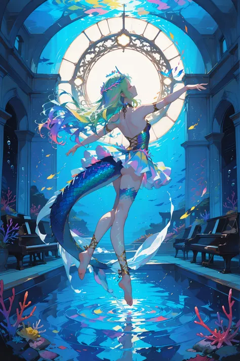 (masterpiece, best quality, anime style, ultra-detailed, cinematic lighting),
a graceful mermaid ballerina with shimmering scales and flowing hair,
performing ballet underwater, arms extended, elegant spin,
surrounded by glowing fish forming a circle like ...