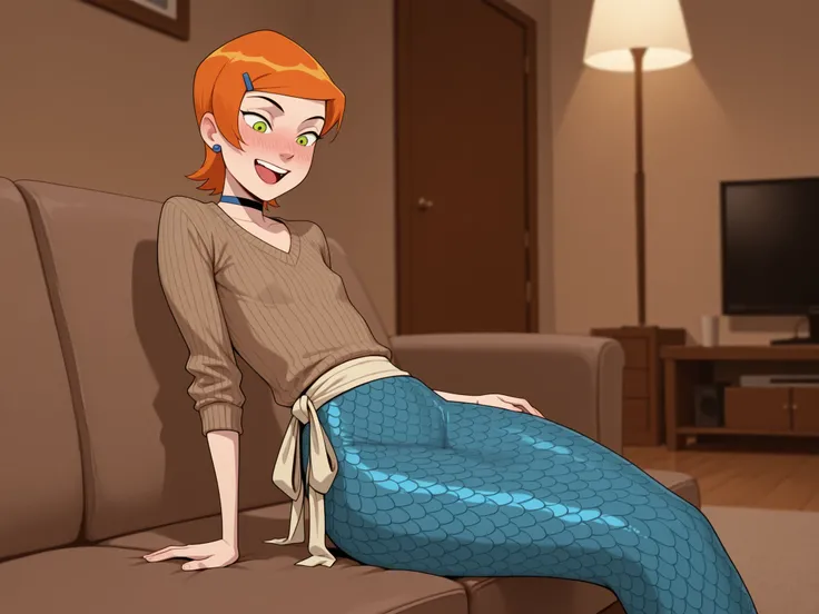 Gwen Tennyson . ginger . short hair . green eyes . flat breasts, flat chest, huge hips . slim body . choker . |  masterpiece, best quality, amazing quality, 1girl, solo, sunww, knitted sweater, sash, mermaid,  tail, sitting, arm support, teeth, upper teeth...