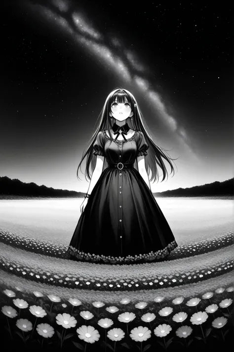 Create a goth girl alone in a flower field looking up at the starry night sky