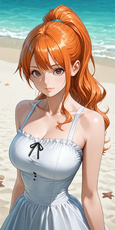 masterpiece, 上品な大peopleの女性がリムジンに乗っている,masterpiece, Highest Quality , lively, very beautiful, high contrast , semi-realistic , Newest,1girl、we\(dress\)、high ponytail、orange hair、brown eyes、perfect eyes、perfect body、 upper body, watching the viewer sea, bea...