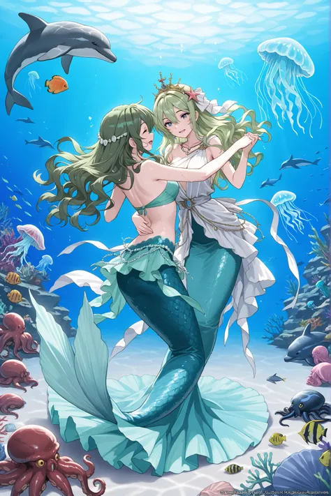 masterpiece, beautiful mermaid, Keira Knightley, pale bluish skin, green_hair, wavy hair, Ancient Greek clothing, wet aqua dress,  seashell crown and jewelry, dancing, happy, underwater, tropical fish, sea anemones and clown fish, jellyfish, octopus, dolph...