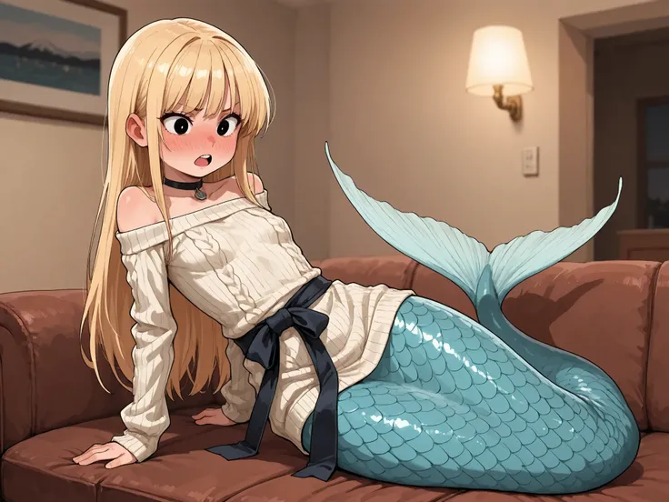 Pacifica Northwest, flat breasts, flat chest, skinny, huge hips, long hair, black eyes, blonde hair, choker , | masterpiece, best quality, amazing quality, 1girl, solo, sunww, knitted sweater, sash, mermaid, tail, sitting, arm support, teeth, upper teeth ...