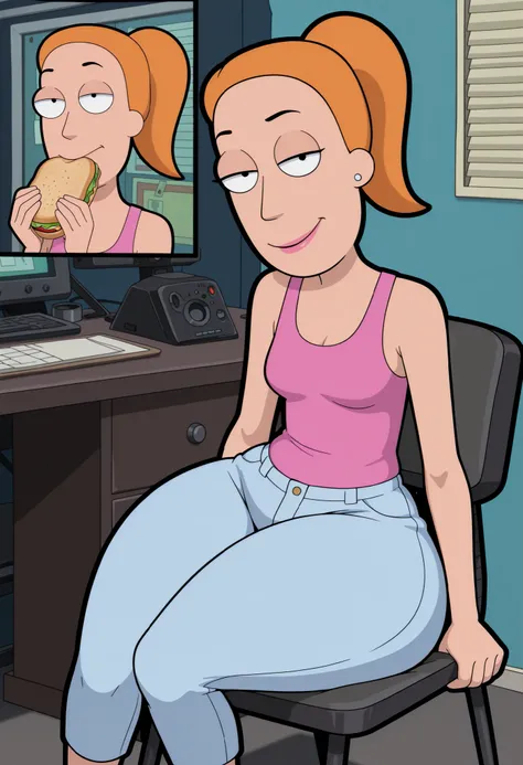 DISNEY_ANIMATION,Summer Smith, ginger, medium hair, ponytail, small breasts, skinny body, huge hips. earrings. pink lips, black eyes | masterpiece, high quality, (black outline,cartoon style,black lineart, realistic:1.2), (fbhckrgal:0.7) Smile,bedroom eye...