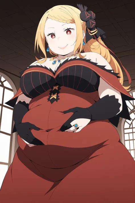 bloated belly,obese,fat,plump,WeightObese, score_9,  score_8_up,  score_7_up,  source_anime,  Priscilla Barriel, length hair, blonde hair, red eyes, one side up,  big breasts, bright pupils, white pupils,, hair ornaments close to the garden,  gloves,  dres...