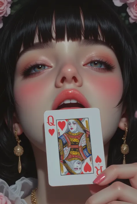 A hyper realistic portrait of a beautiful woman biting a queen of hearts card. Expressive lips and eyes. 8k, detailed, realistic textures, gold earrings, blue eyes,bokeh