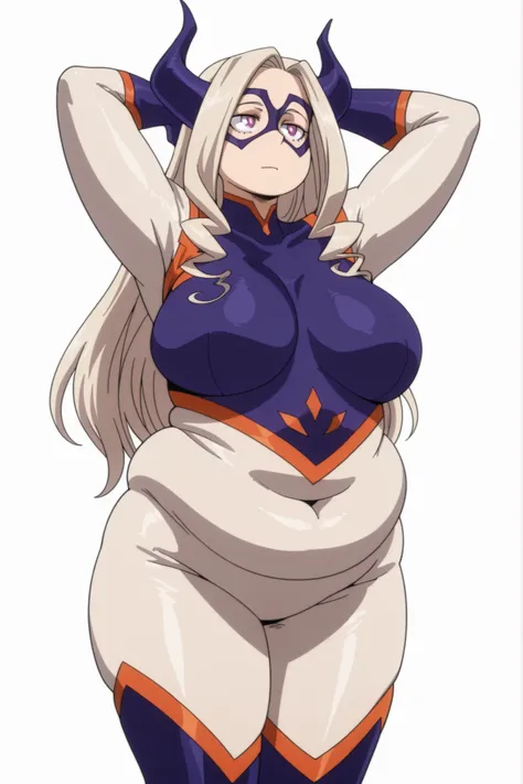 fat,chubby,plump,WeightChubby,(Master piece, best quality), 1girl, white background, standing, (Mount Lady, horns, tight bodysuit),  standing, hands behind head, (Curvy, slim, huge long breasts, Navel dentation, soft) white background, advanced perspective
