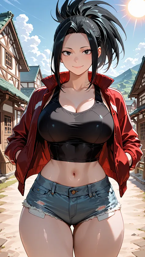 Momo Yaoyorozu
最high quality, masterpiece, Very detailed, high quality, high resolution, A girl, Black hair, Solo, Black eyes, High ponytail, beautiful, beautiful and perfect face, naughty, View your audience, Big Breasts, Navel, Big Ass, Standing, village...