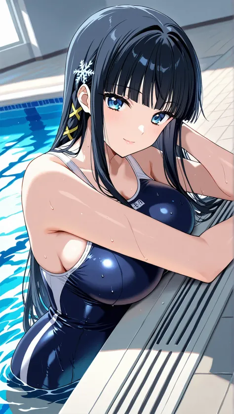 [[miyuki250219]],1lady, beauty, glossy lips,Rouge,detail eyes,dynamic angle,(poolside:1.3)

shiba miyuki, black hair,long hair, blunt bangs, eyebrows visible through hair, blue eyes, snowflake hair ornament, yellow x hair ornament,school swim suit, , ,(lar...