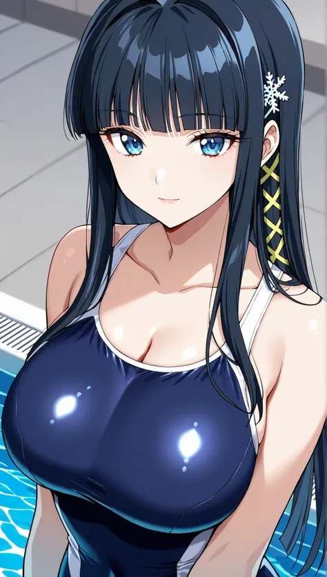 [[miyuki250219]],1lady, beauty, glossy lips,Rouge,detail eyes,dynamic angle,(poolside:1.3)

shiba miyuki, black hair,long hair, blunt bangs, eyebrows visible through hair, blue eyes, snowflake hair ornament, (yellow x hair ornament:1.3),school swim suit, ,...