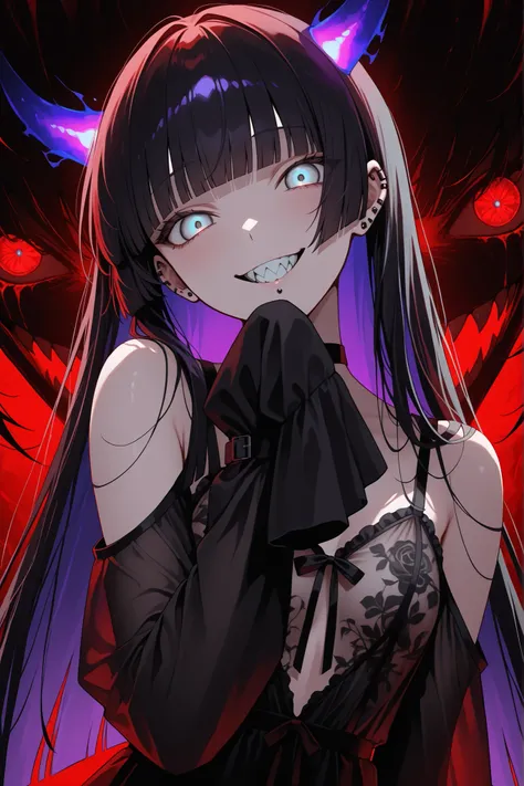 sexy lingerie,underwear,see-through,vibrant colors, silhouette, insane, dark art, madness,glowing eyes, wide smile, sharp teeth, glowing teeth, blue eyes, red theme, glowing horns,yandere,pasan, black hair, blunt bangs, blunt ends, chin piercing, colored i...