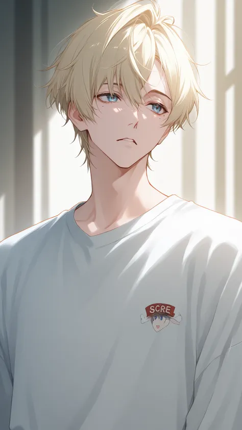 score_9, score_8_up, score_7_up、Anime、masterpiece、((1boy))、solo, alone, The blond haired、short hair、Blue eyes、mole under eye