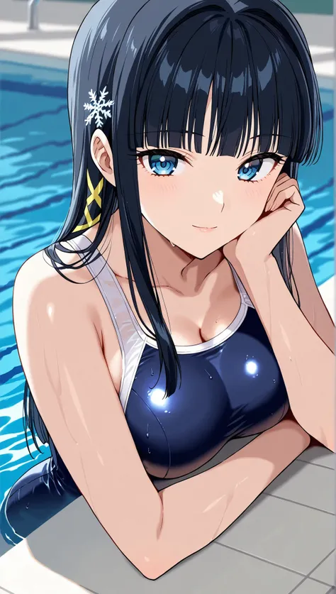 [[miyuki250219]],1lady, beauty, glossy lips,Rouge,detail eyes,dynamic angle,(poolside:1.3)

shiba miyuki, black hair,long hair, blunt bangs, eyebrows visible through hair, blue eyes, snowflake hair ornament, (yellow x hair ornament:1.3),school swim suit, ,...