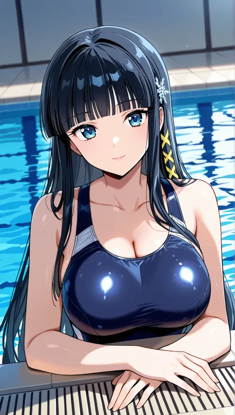 [[miyuki250219]],1lady, beauty, glossy lips,Rouge,detail eyes,dynamic angle,(poolside:1.3)

shiba miyuki, black hair,long hair, blunt bangs, eyebrows visible through hair, blue eyes, snowflake hair ornament, (yellow x hair ornament:1.3),school swim suit, ,...