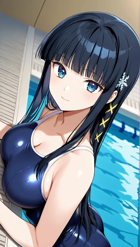[[miyuki250219]],1lady, beauty, glossy lips,Rouge,detail eyes,dynamic angle,(poolside:1.3)

shiba miyuki, black hair,long hair, blunt bangs, eyebrows visible through hair, blue eyes, snowflake hair ornament, (yellow x hair ornament:1.3),school swim suit, ,...