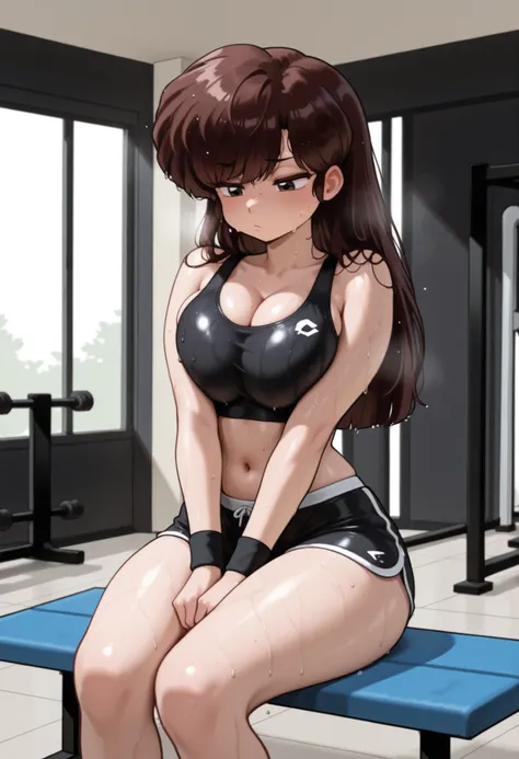 uk (ranma 1/2), dark brown hair, long hair, ojos cafes, Pechos grandes, NSFW,  hair on face , wet hair, abdomen sexy, pose sexy, sexy waist,  sexy hips, workout clothes, black workout top, ultra detailed black shorts, bare navel, sweat, vapor corporal, blu...