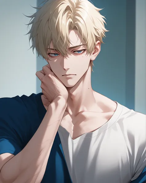 score_9, score_8_up, score_7_up、Anime、masterpiece、((1boy, muscled))、solo, alone, The blond haired、short hair、Blue eyes、mole under eye