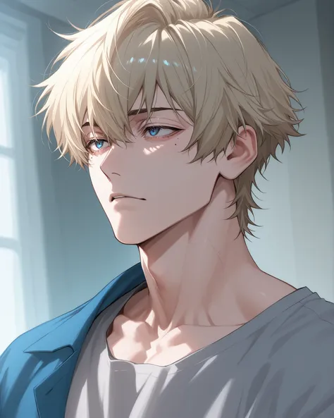 score_9, score_8_up, score_7_up、Anime、masterpiece、((1boy, muscled))、solo, alone, The blond haired、short hair、Blue eyes、mole under eye