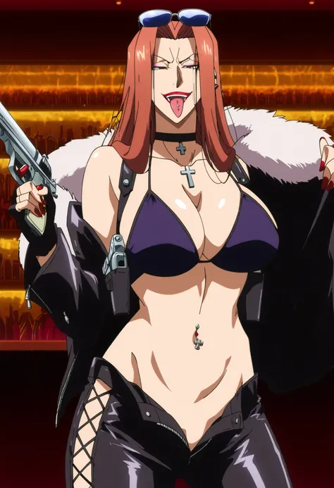 score_9, score_8_up, source_anime, 1girl, solo, SoryuinShion, long hair, parted bangs, nail polish, ,makeup , ear piercing, long hair, lipstick,Hot girl, baddie, smoking, sensual, attractive , choker, ,cross necklace,,bar background, inside bar ,indoors, ...