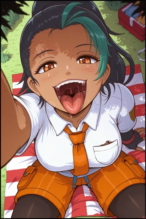 NemonaSDXL,1girl,long hair,shirt,black hair,gloves,school uniform,white shirt,ponytail,short sleeves,pantyhose,green hair,necktie,shorts,striped,collared shirt,dark skin,fingerless gloves,dark-skinned female,streaked hair,orange eyes,black pantyhose,eyelas...