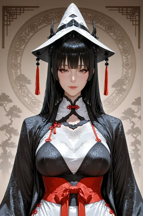 8k, (photo realistic full shot), This is a highly realistic digital painting of a white-skinned East Asian woman with long, straight black hair. large breasts, She wears a brightly patterned shawl covering her head and shoulders, with an intricate gold-rim...