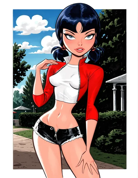 score_9, score_8_over, score_7_over, masterpiece, high quality, faded colors, faded style, A drawing of Marinette Dupain Cheng, very thin, Bruce Timm style, a petite girl, bangs, twins, dark blue hair, braids, faded blue eyes, pretty face, medium breasts. ...