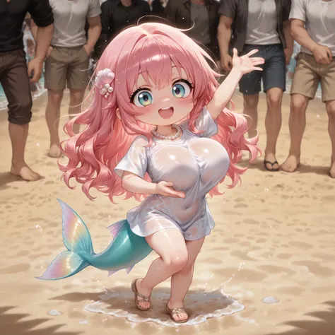 chibi,(1 person)、chibi only、(chibi:1.2)、full body、2.5 heads tall、(big boobs:1.2)、Dancing Little Mermaid、pink hair、wavy hair、blue-green tail、Rainbow Eyes、Blush、shy laugh、dynamic angle、white wet t-shirt、pearl necklace、coral tiara、anatomically accurate hands、...