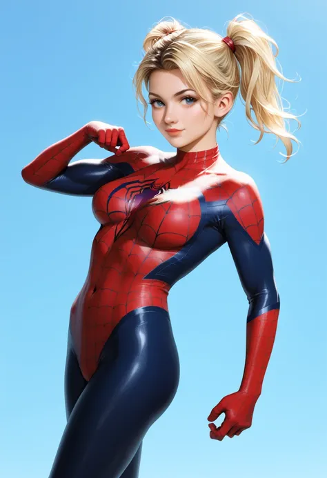a woman in a spider - man suit is posing for a picture, spiderwoman!!!!!, spiderwoman!!, (cameron diaz:1.2) as spiderman, spider woman, ( ( spiderwoman ) ), long blonde pigtails, super hero pose, awesome pose, wearing tight suit, spiderman, spiderman!!, po...