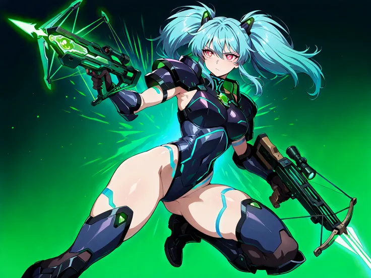 (masterpiece, best quality, absurdres:1.2), 1girl, solo, She crouches with a high-tech crossbow, blue twin ponytails bouncing as she moves. Her armor is midnight black with glowing emerald lines. She show abdomen and legs The background reveals a retro cyb...
