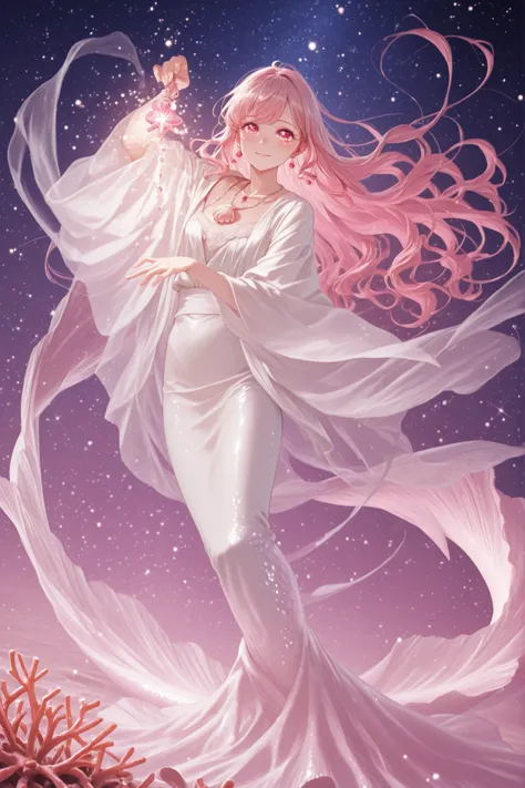 one mermaid priestess, mermaid lower body:1.5, large flowing tail fin, very long flowing pink hair, lapis lazuli eyes, elegant white haori, no skirt, no hakama, no lower half of the dress, seashell necklace, earrings, holding a coral branch in her hands, e...