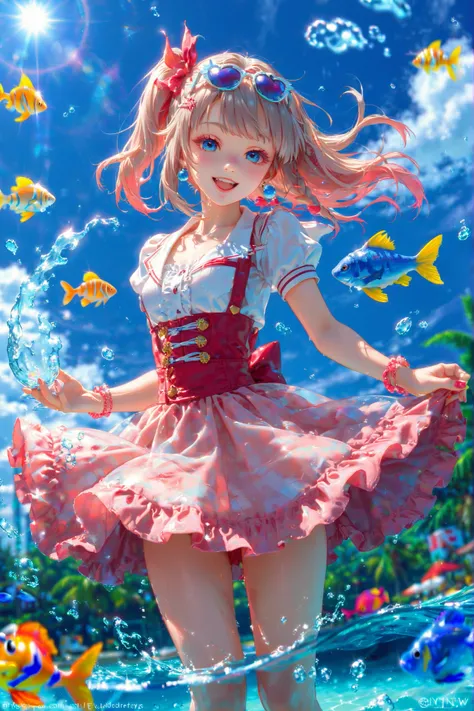 girl getting her whole body sucked by lots of doctor fish in the fish tank、nsfw,Little fish on girl's skin、small fish like a large group of sardines、
masterpiece,Highest Quality,super detail,8k,cute girl in the water　 child、Lashes　blue and pink frill dress...