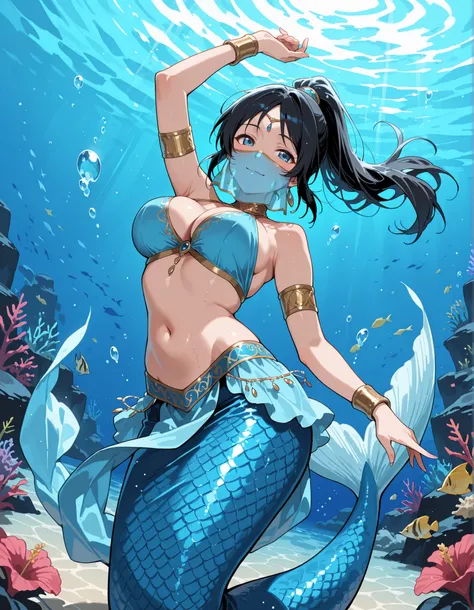 Score_9, score_8_up, score_7_up, source_anime, sugisaka umi, solo, ponytail, black hair, blue eyes, large breasts, (best quality), (high quality), {masterpiece}, extremely delicate and beautiful, ultra-detailed, beautiful detailed eyes, mermaid, no legs, b...