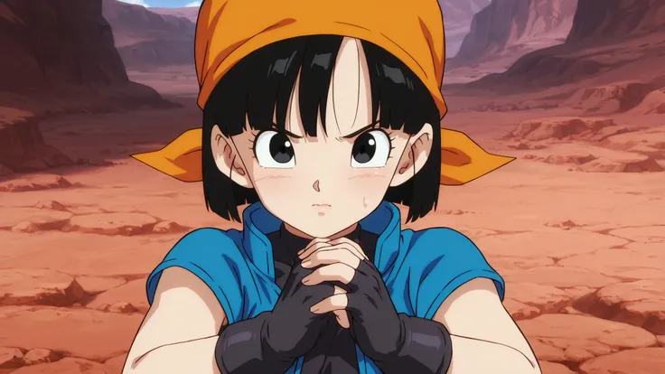 pan gt, short hair, black hair, gloves, black gloves, fingerless gloves, black eyes, bandana, orange bandana, female,high quality, masterpiece, ultra-detailed