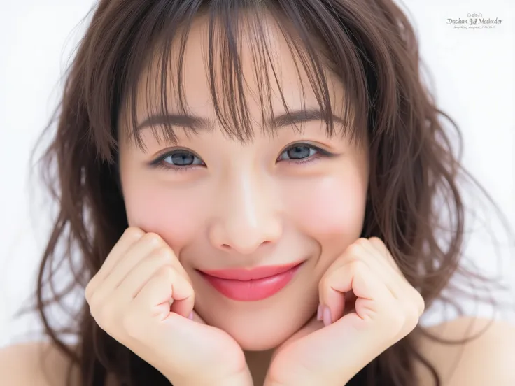 (Refined from an old photo, recreated in a modern, ultra high-quality photorealistic style, with a trendy Reiwa-era hairstyle: soft semi-long hair with natural waves and airy see-through bangs),
Ultra photorealistic close-up portrait of a beautiful Japan...