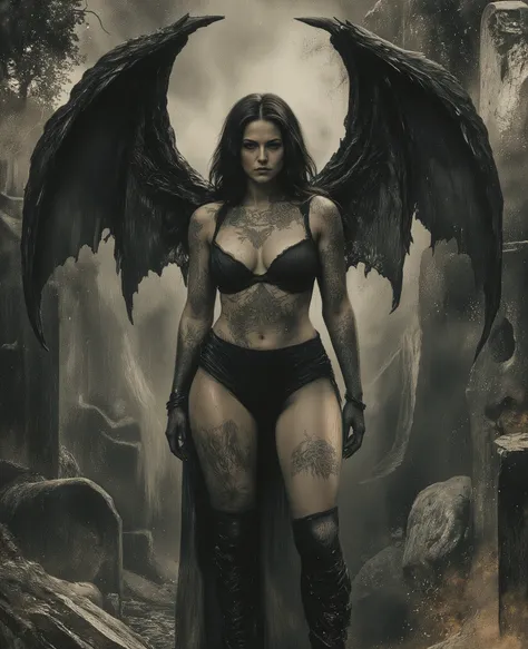 Middle aged female witch ,alone，full body,  heavily tattooed, medium breasts, tattoo between breasts, black bikini top and short skirt, dark moon angel, massive clawed wings, embroidered leggings, dark hair, fluid modern impressionist style, dark fantasy, ...