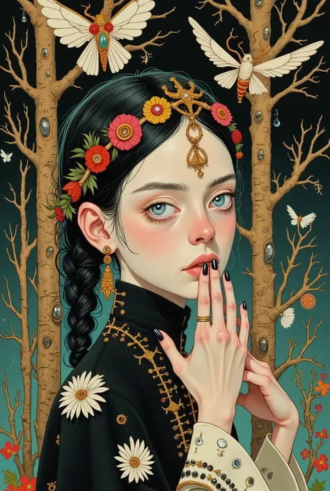 guaiwupi_bb,DFM,ethereal fantasy. close up portrait. a woman in floral jewelry and delicate, shining fantasy wings, among a swirling, shimmering flock of moths against a soft, moonlit golden woodland landscape. ethereal fantasy super destroyed fog by thoma...