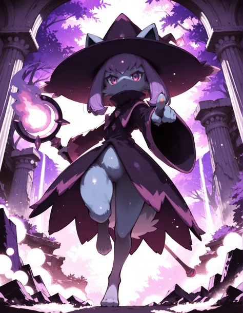 (Noxmauve:1.3),, solo, furry, no human, (katress), cyan body, magenta eyes, purple countershading, wizard hat, high collar, holding staff, half-length portrait, (low-angle view:1.15), one leg up, BREAK, purple fire attack, particles, energy effect, magic u...